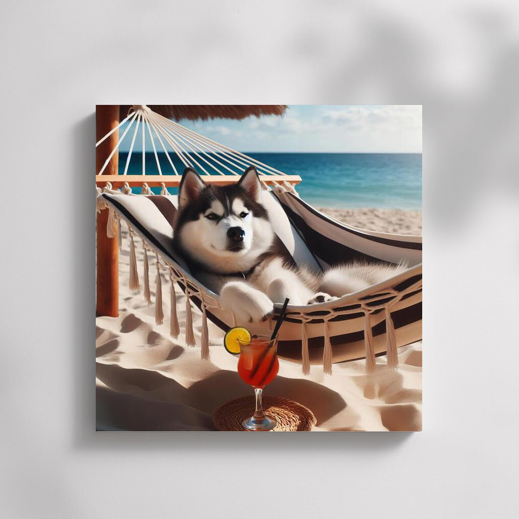 Siberian Husky in Paradise: Relaxing in a Hammock with a Cocktail on the Beach