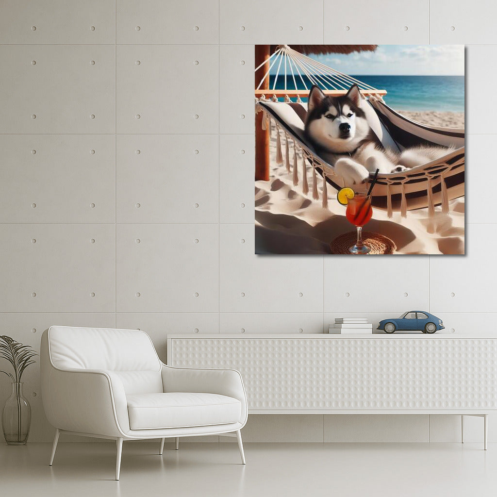 Siberian Husky in Paradise: Relaxing in a Hammock with a Cocktail on the Beach