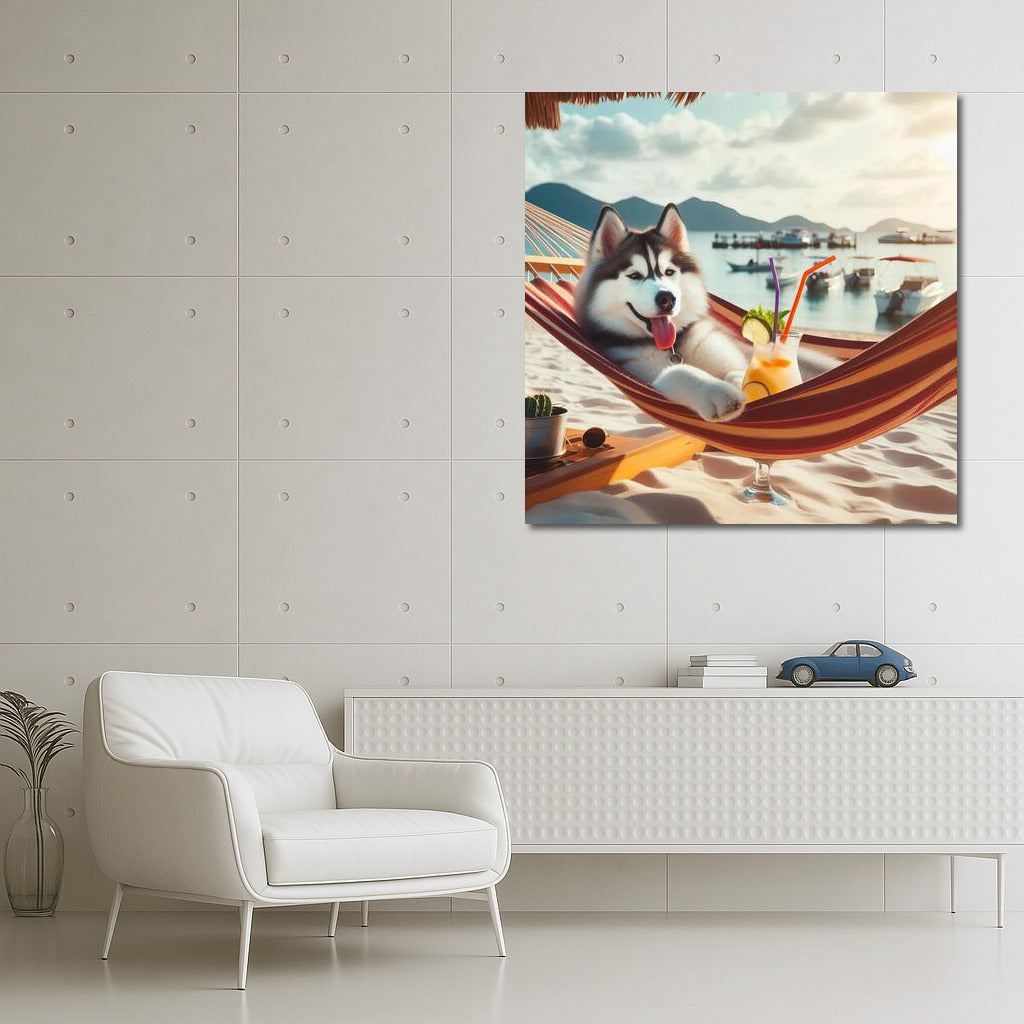 Siberian Husky on Beach Vacation with Cocktail