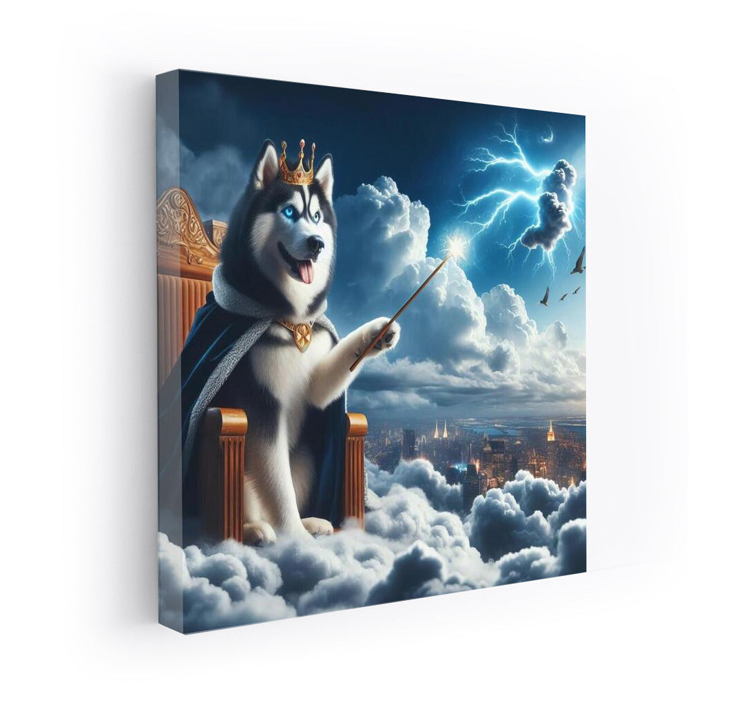 Lord of the Skies: Siberian Husky on the Throne of Clouds with a Magic Wand