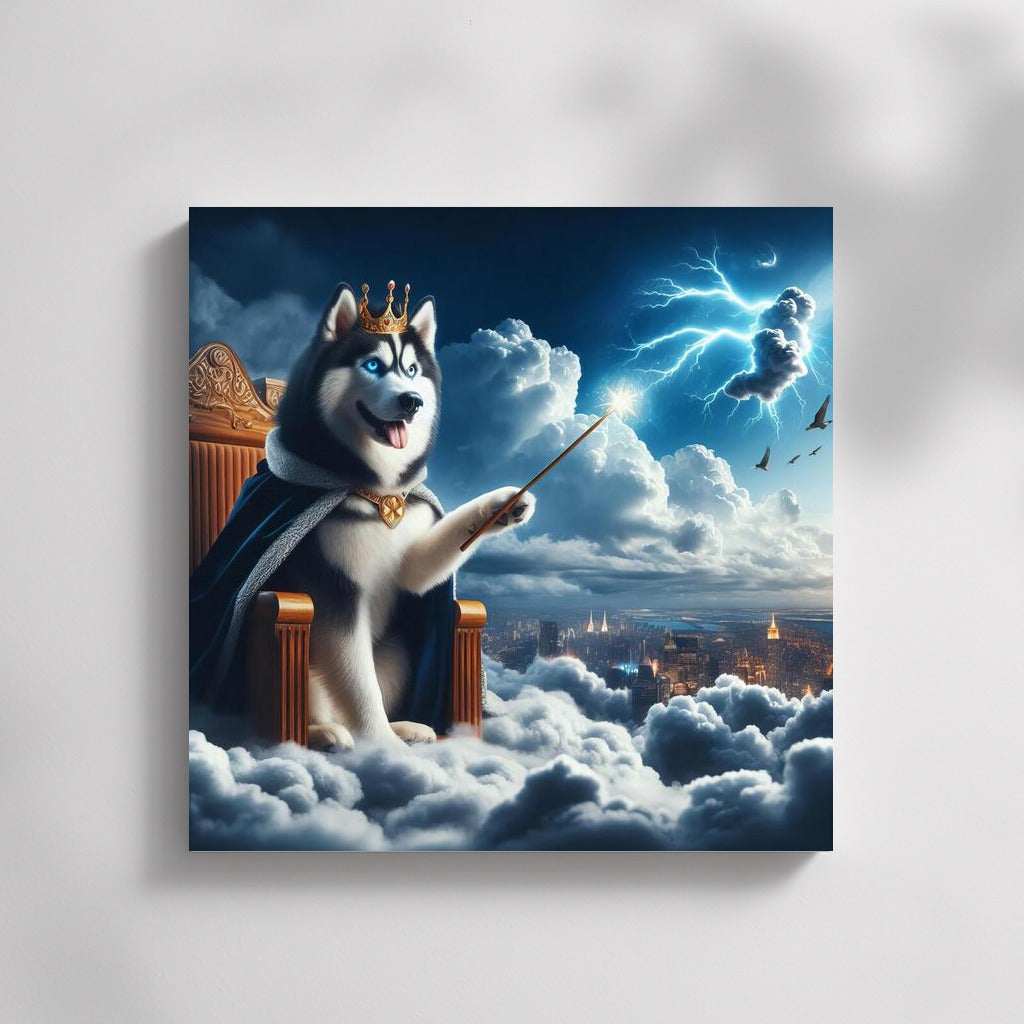 Lord of the Skies: Siberian Husky on the Throne of Clouds with a Magic Wand