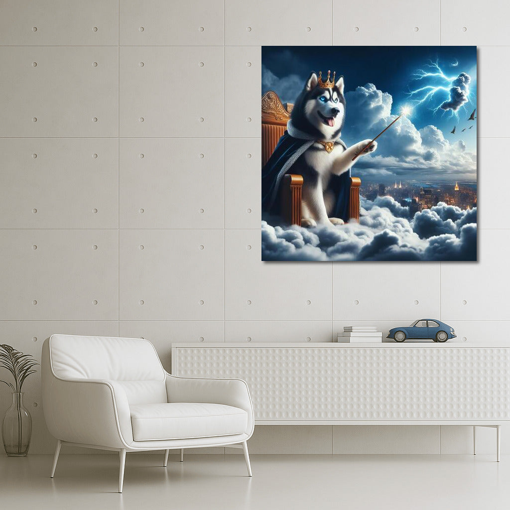 Lord of the Skies: Siberian Husky on the Throne of Clouds with a Magic Wand