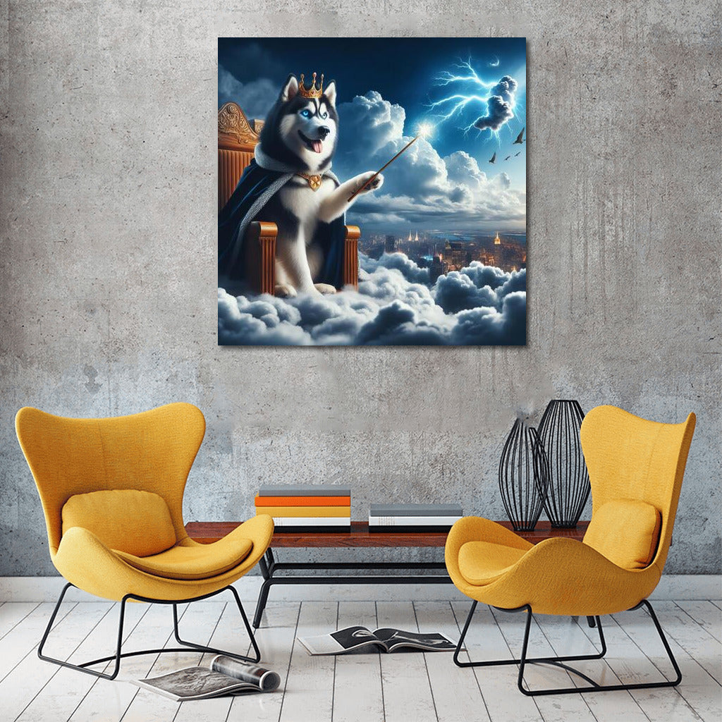 Lord of the Skies: Siberian Husky on the Throne of Clouds with a Magic Wand