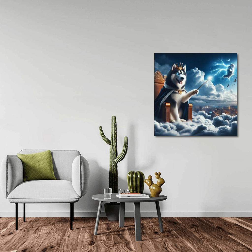 Lord of the Skies: Siberian Husky on the Throne of Clouds with a Magic Wand