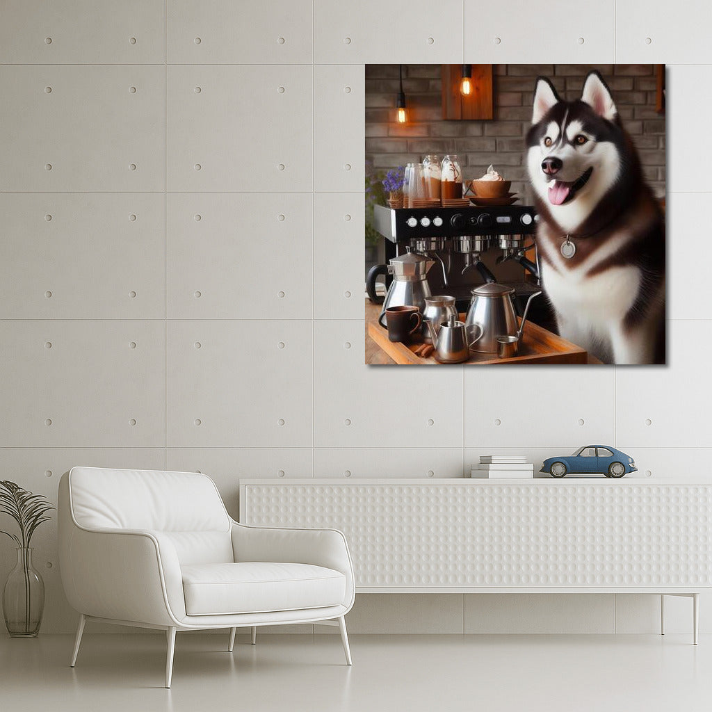 Husky Barista at the Coffee Machine: Cozy Style for the Interior