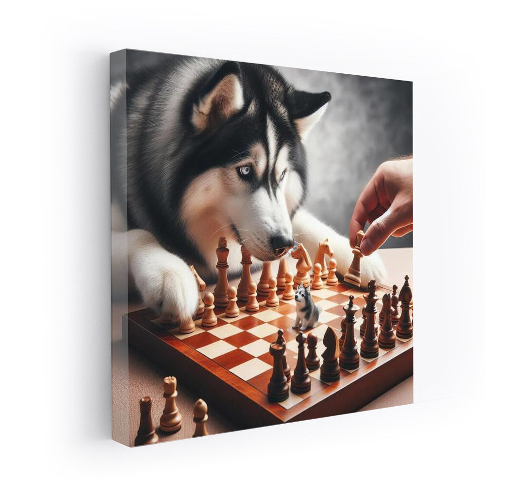 Siberian Husky Chess Duel: Live Pieces in the Game