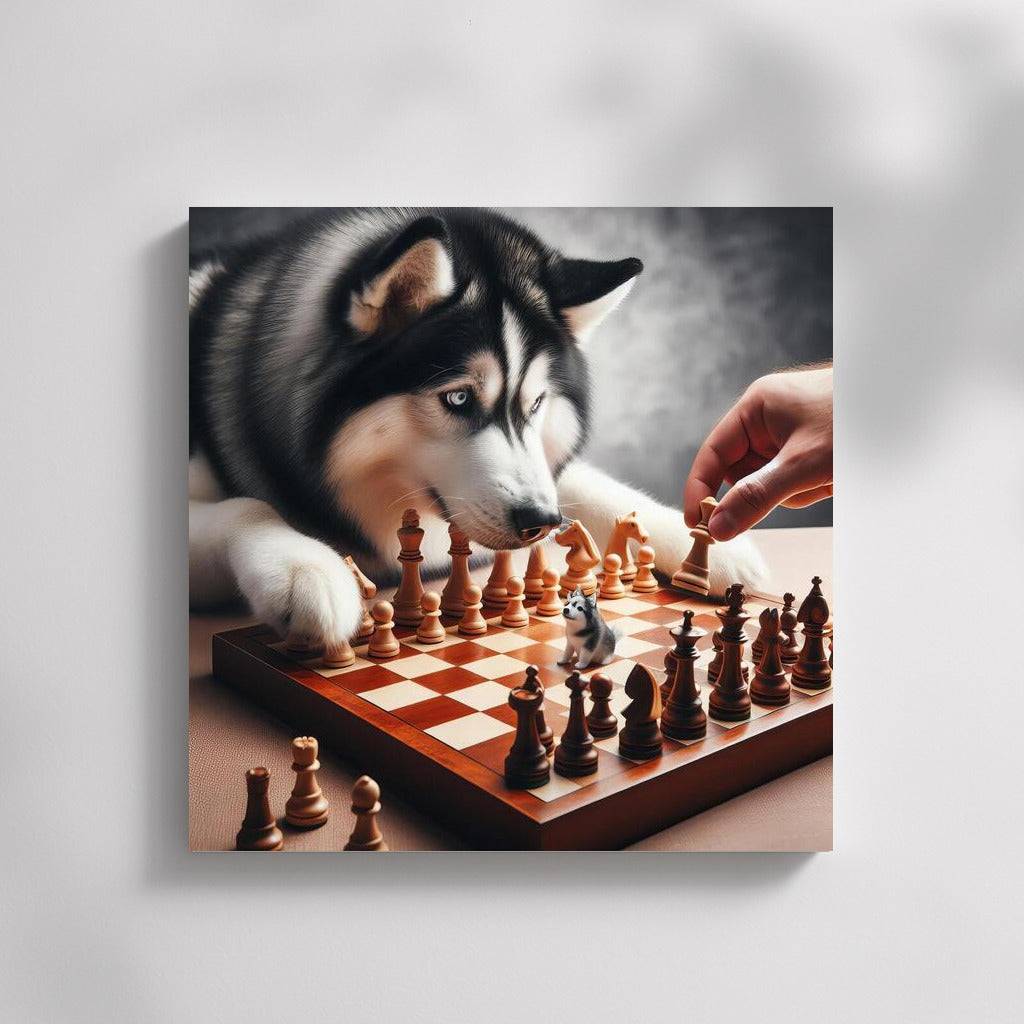 Siberian Husky Chess Duel: Live Pieces in the Game