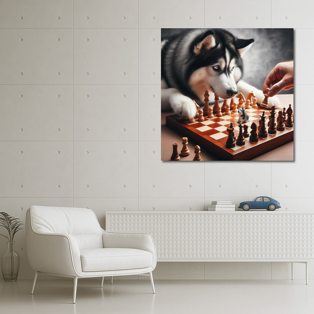 Siberian Husky Chess Duel: Live Pieces in the Game