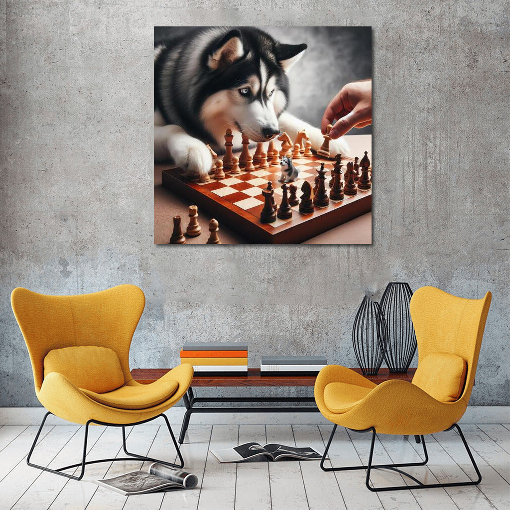 Siberian Husky Chess Duel: Live Pieces in the Game