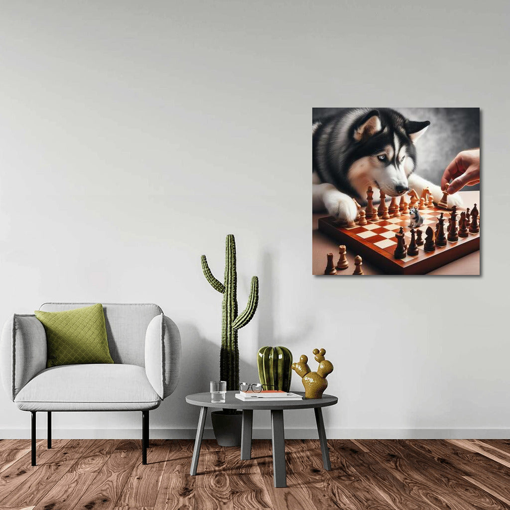 Siberian Husky Chess Duel: Live Pieces in the Game