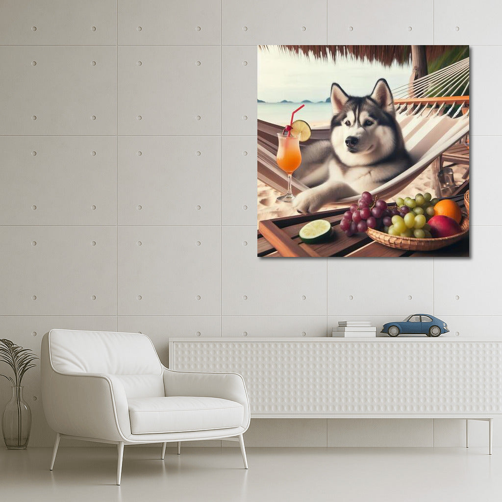 Siberian Husky in a Hammock: Beach Relaxation with a Cocktail