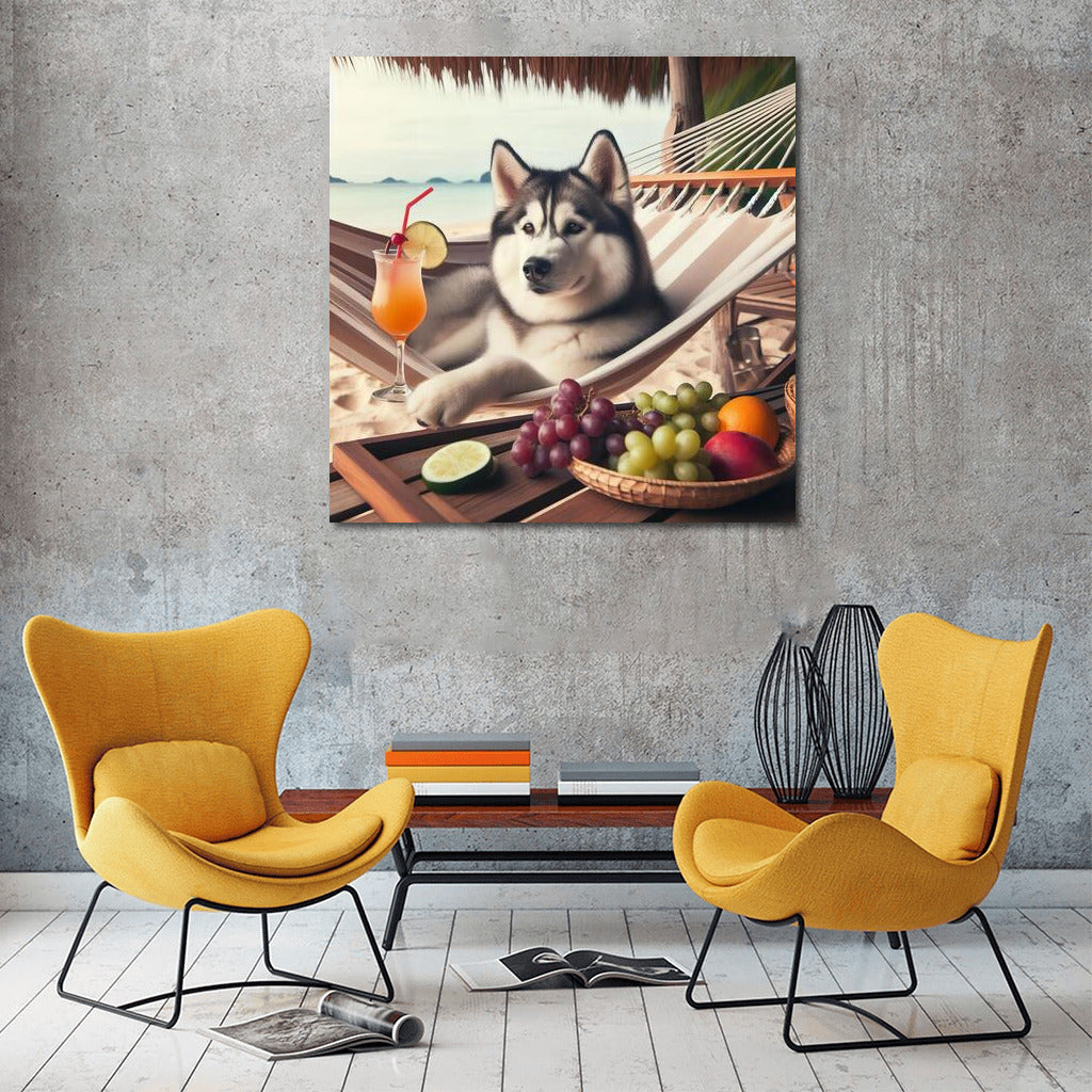 Siberian Husky in a Hammock: Beach Relaxation with a Cocktail
