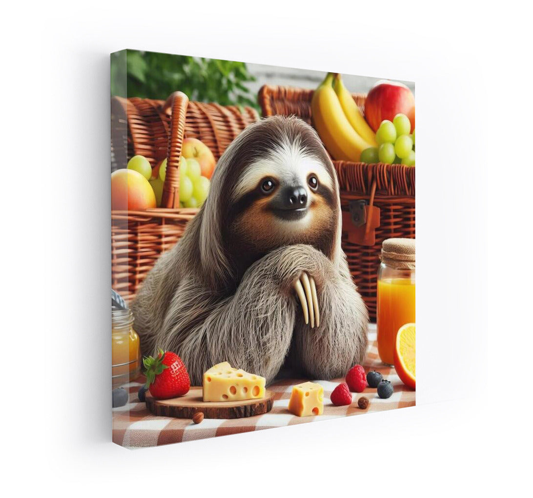 Sloth Picnic: Fruit and Cheese on a Plaid Blanket