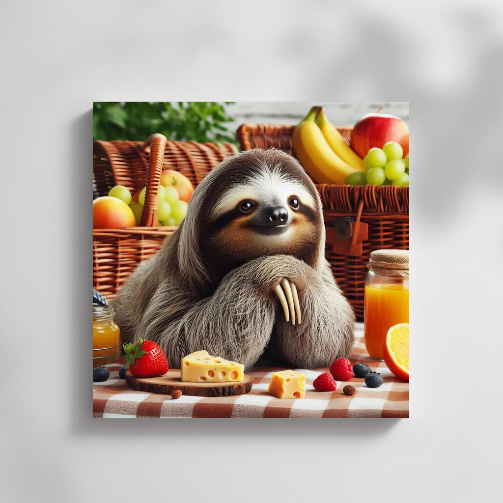 Sloth Picnic: Fruit and Cheese on a Plaid Blanket