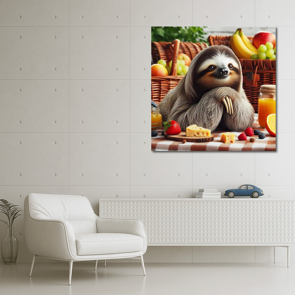Sloth Picnic: Fruit and Cheese on a Plaid Blanket
