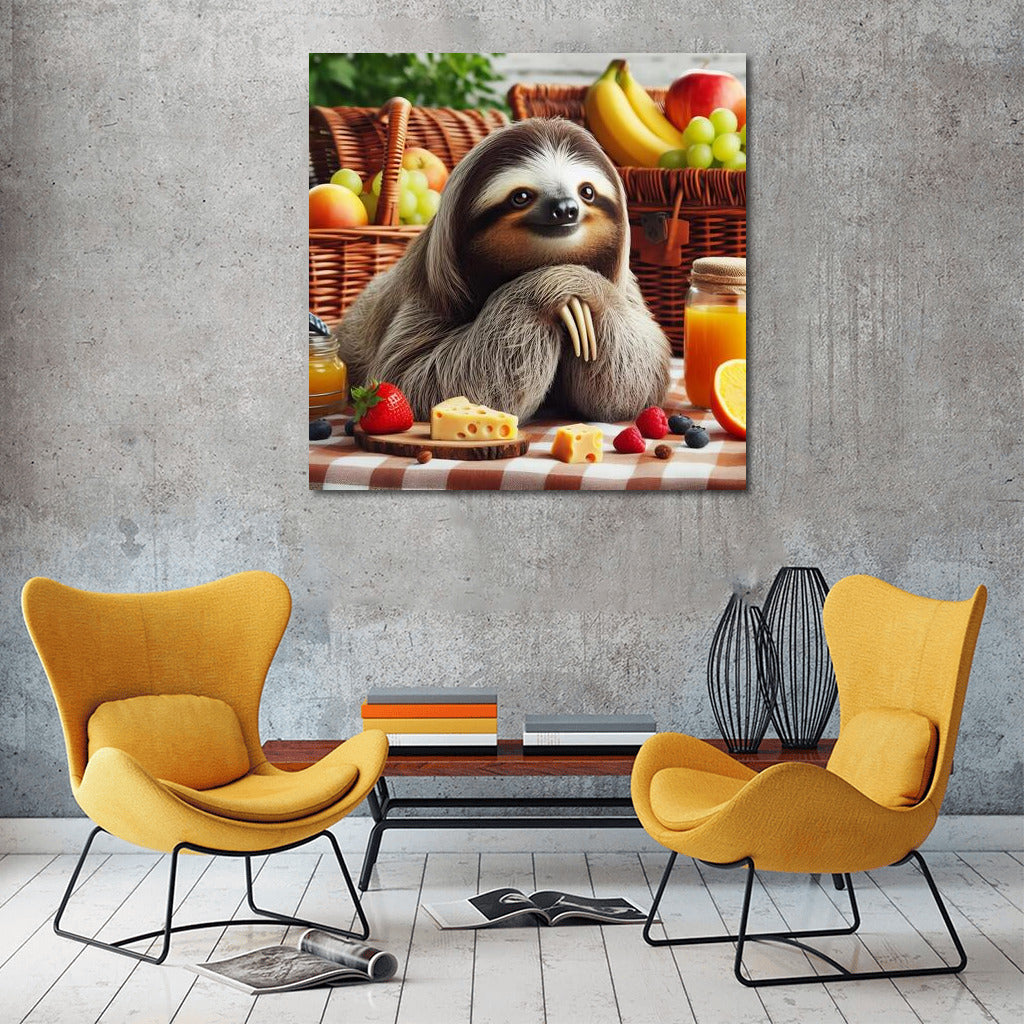 Sloth Picnic: Fruit and Cheese on a Plaid Blanket