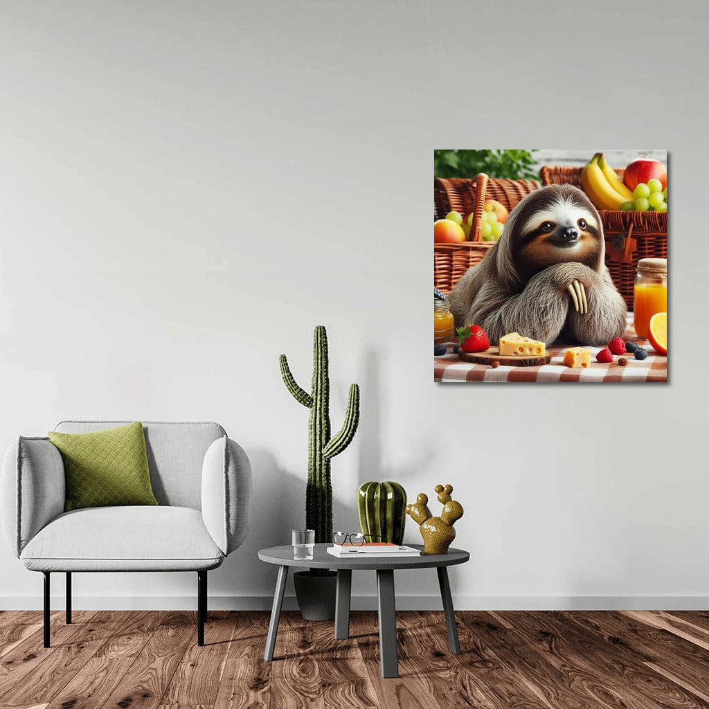 Sloth Picnic: Fruit and Cheese on a Plaid Blanket