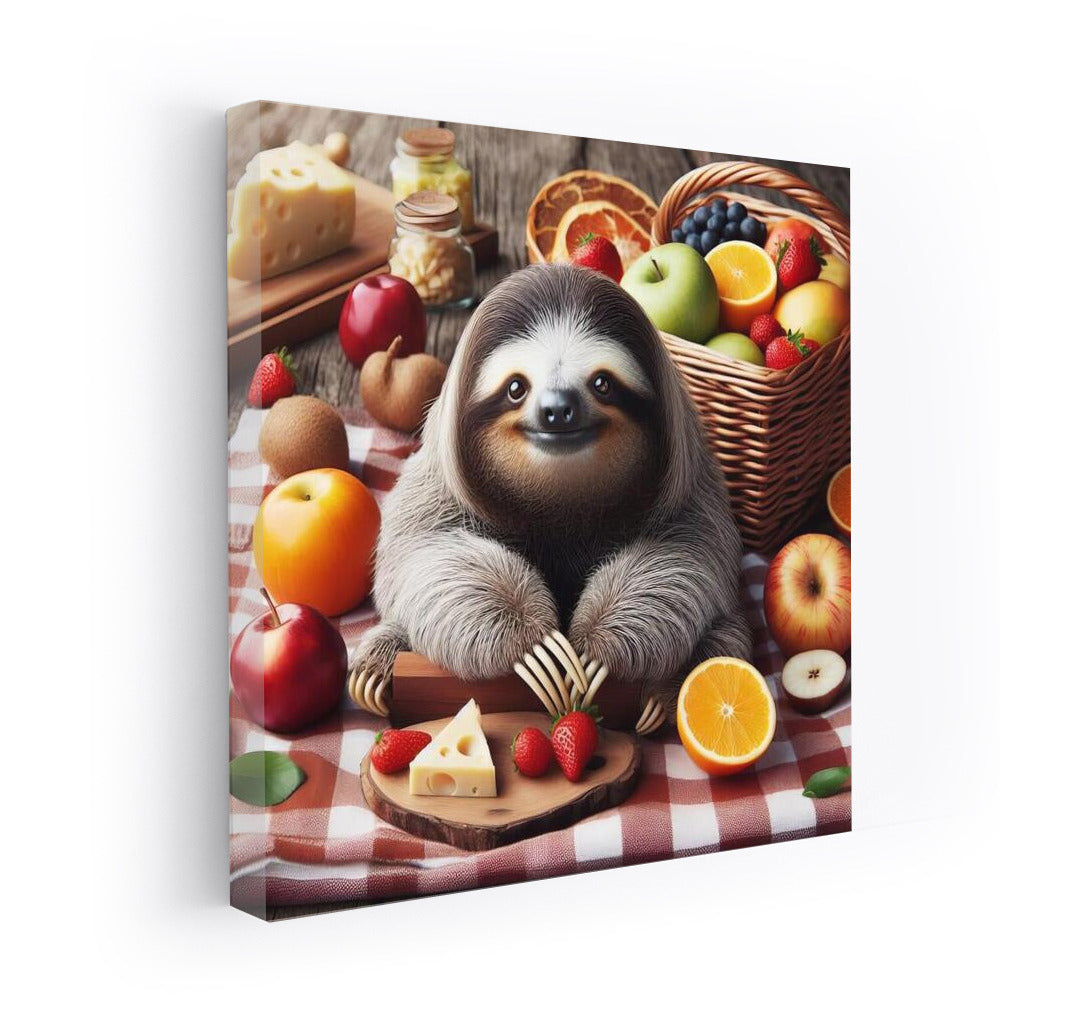 Sloth Picnic: Cheesy Delights on a Plaid Blanket