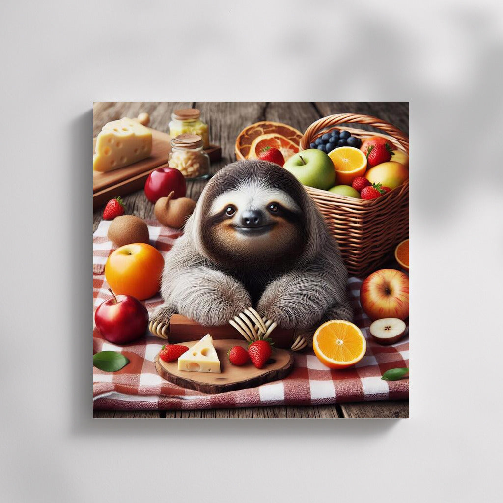 Sloth Picnic: Cheesy Delights on a Plaid Blanket