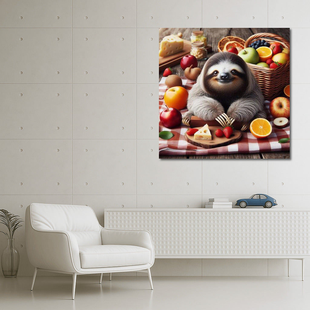 Sloth Picnic: Cheesy Delights on a Plaid Blanket