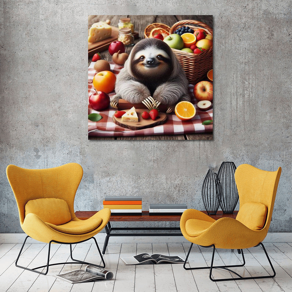 Sloth Picnic: Cheesy Delights on a Plaid Blanket