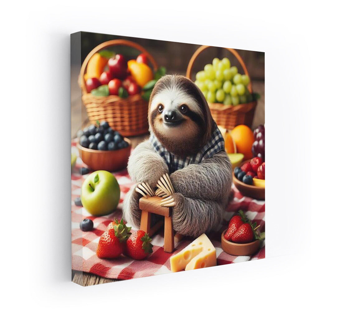 Sloth Picnic: Fruity Cheese Delight on a Plaid Blanket