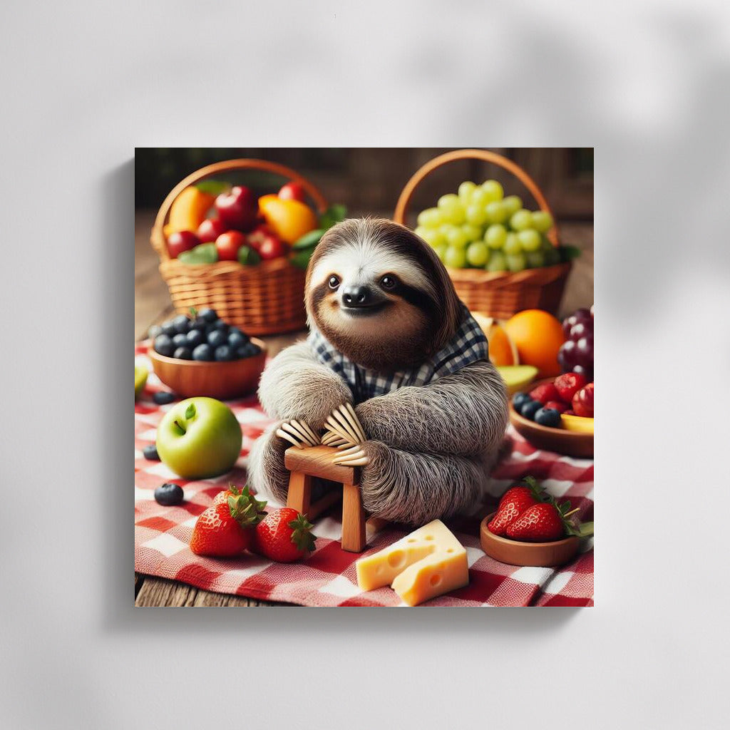 Sloth Picnic: Fruity Cheese Delight on a Plaid Blanket