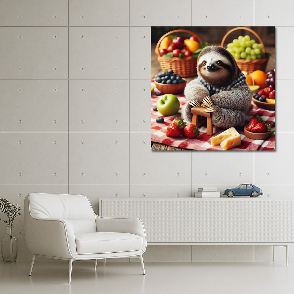 Sloth Picnic: Fruity Cheese Delight on a Plaid Blanket
