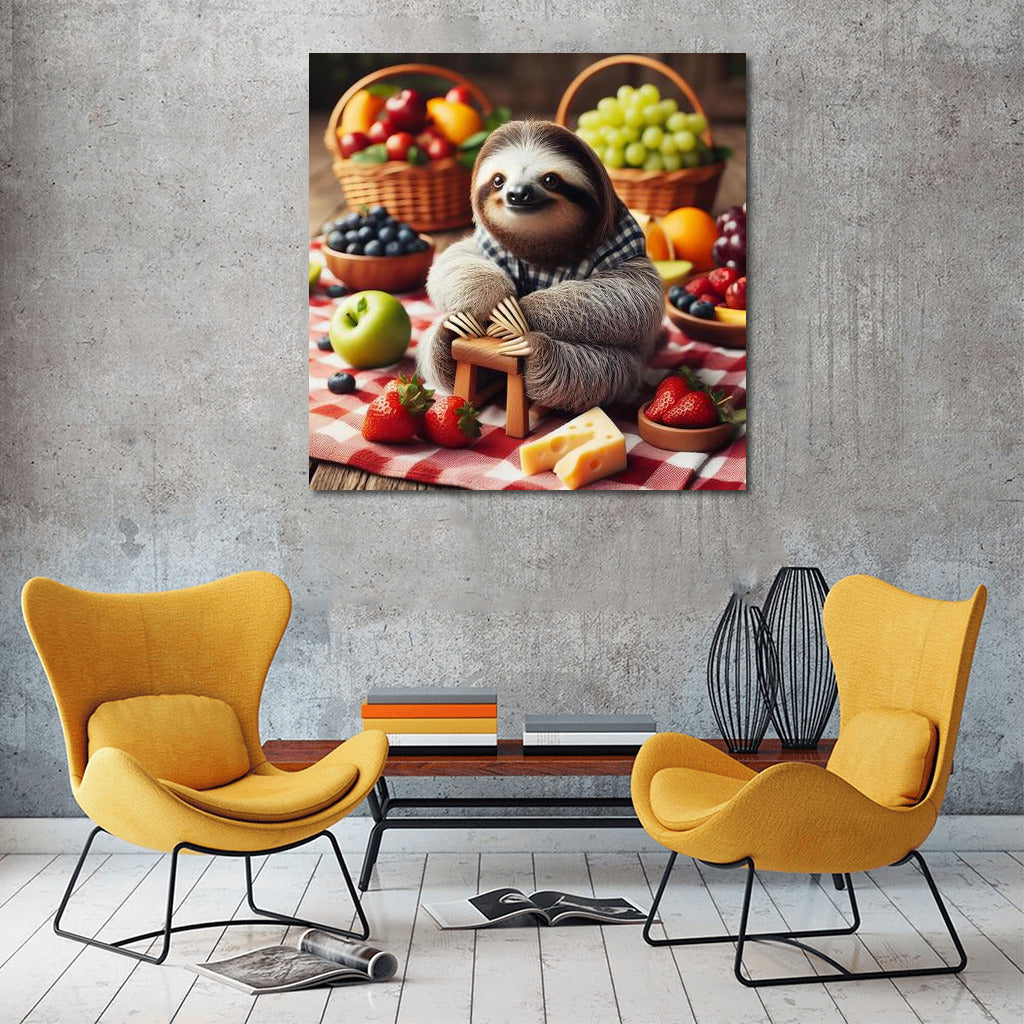 Sloth Picnic: Fruity Cheese Delight on a Plaid Blanket