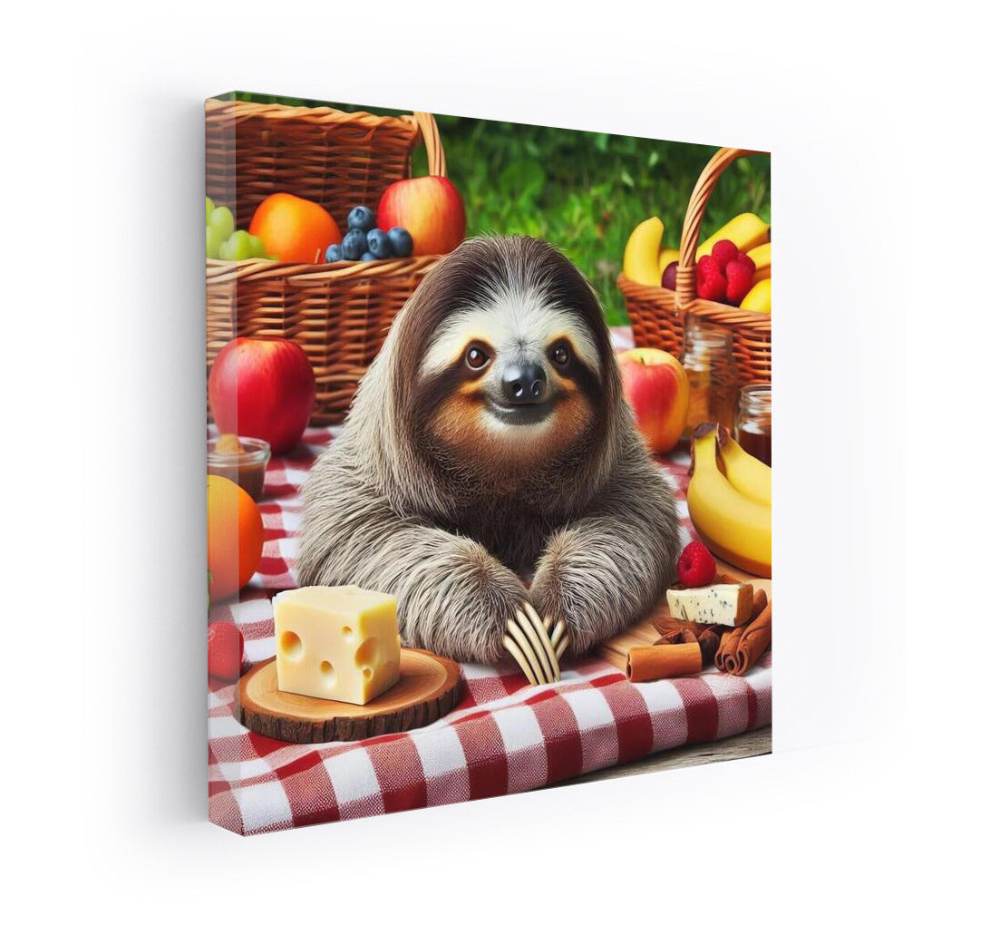 Sloth Picnic: Cheese and Fruit on a Plaid Blanket