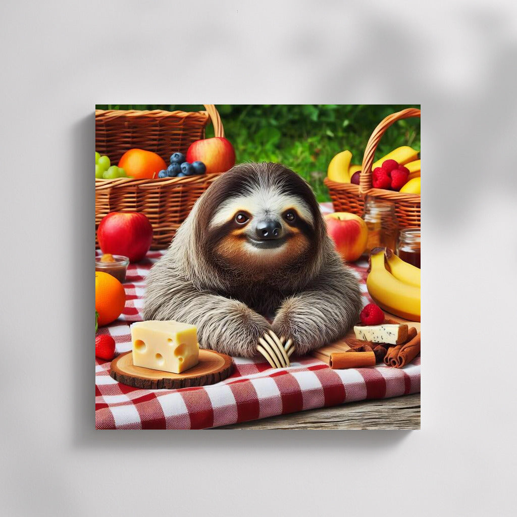 Sloth Picnic: Cheese and Fruit on a Plaid Blanket