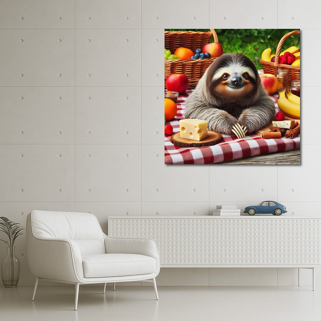 Sloth Picnic: Cheese and Fruit on a Plaid Blanket