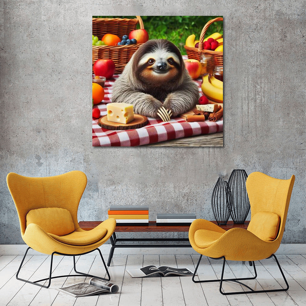 Sloth Picnic: Cheese and Fruit on a Plaid Blanket