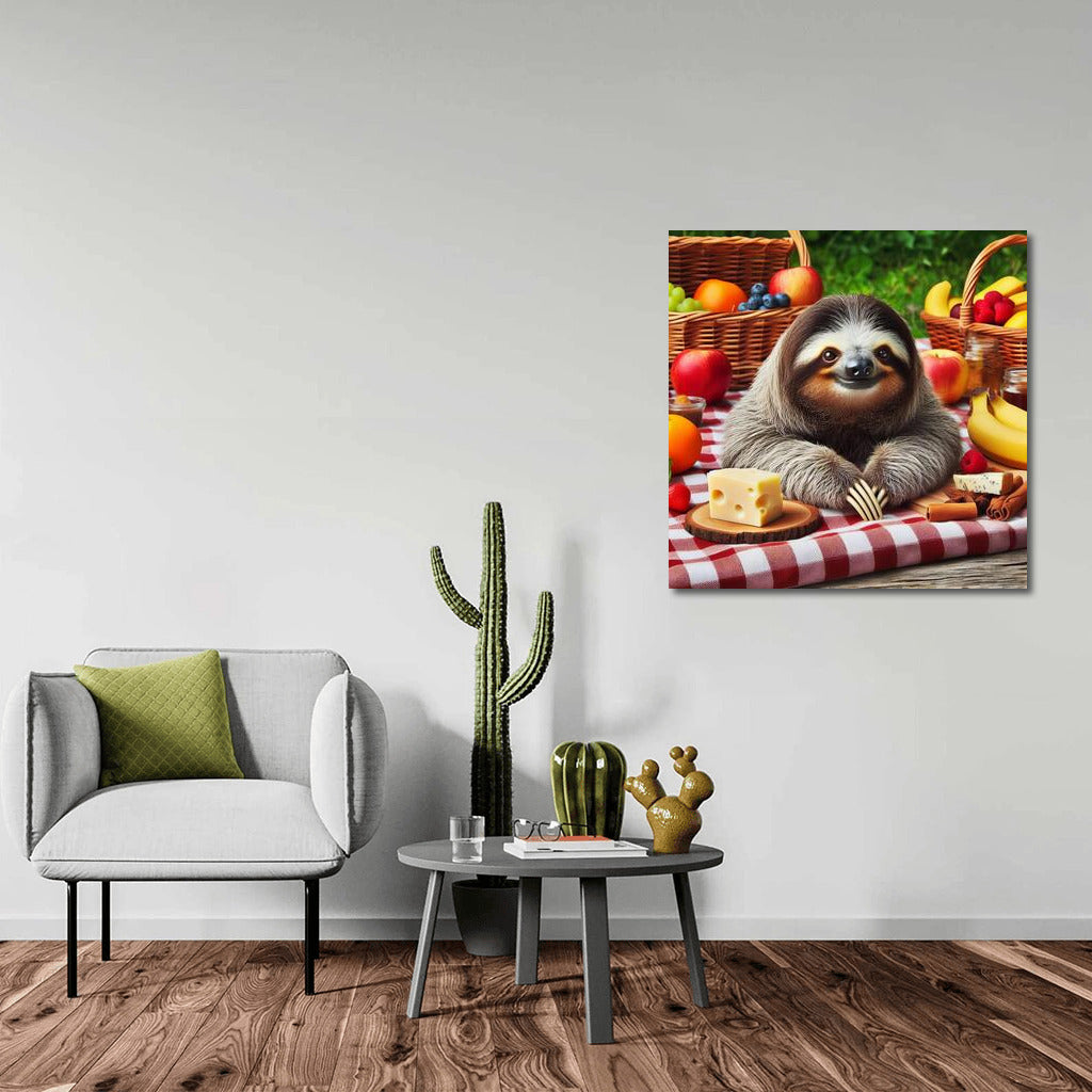 Sloth Picnic: Cheese and Fruit on a Plaid Blanket