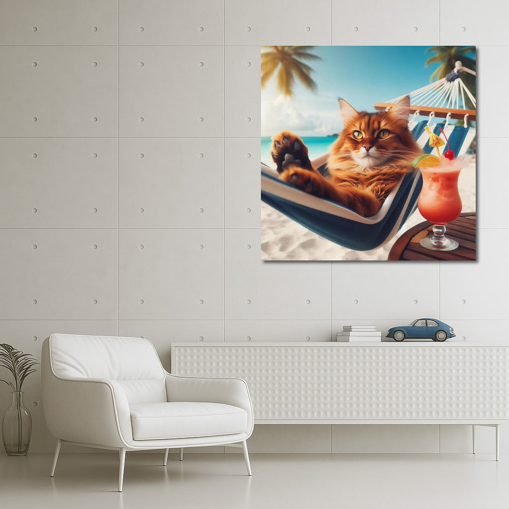 Somali cat in a hammock with a cocktail on the beach