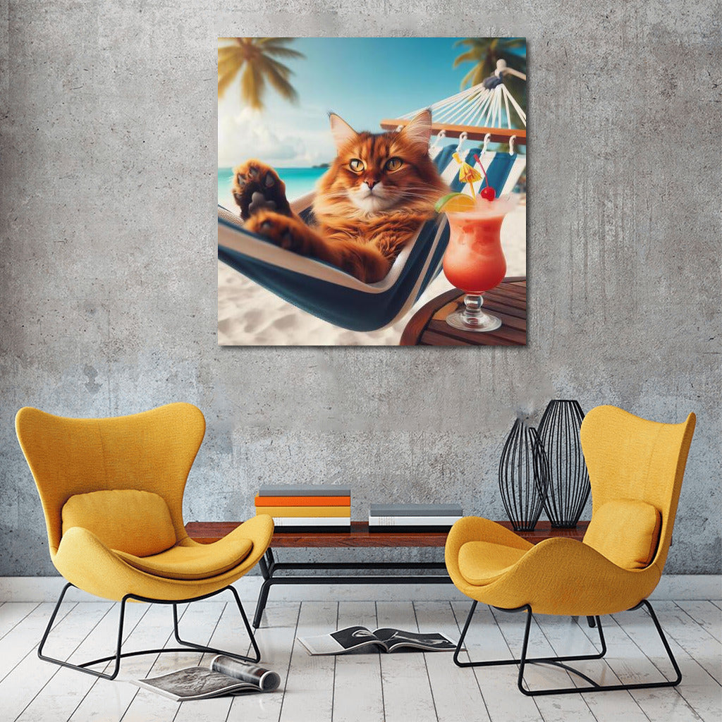 Somali cat in a hammock with a cocktail on the beach