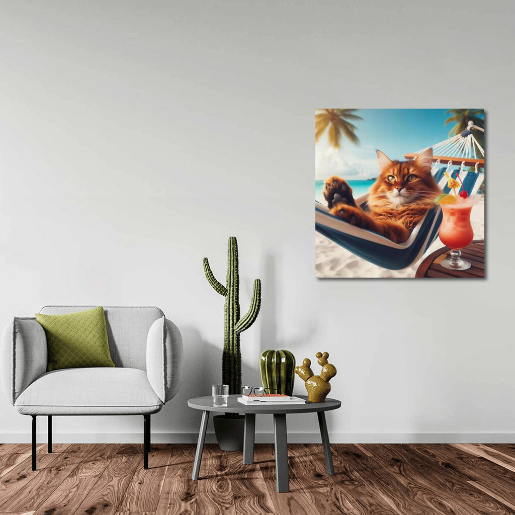 Somali cat in a hammock with a cocktail on the beach
