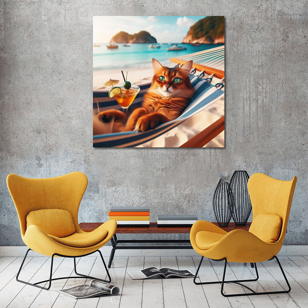 Somali Cat in a Hammock: Summer Beach Vacation with a Cocktail