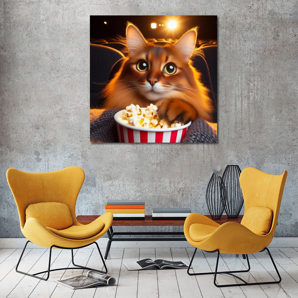 Somali Cat in a Movie Theater with Popcorn: The Charm of Movie Night