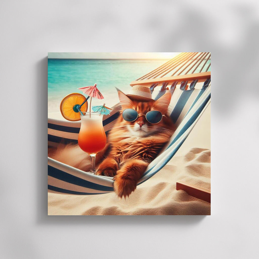 Somali Cat in a Hammock: Summer Vacation with a Cocktail on the Beach