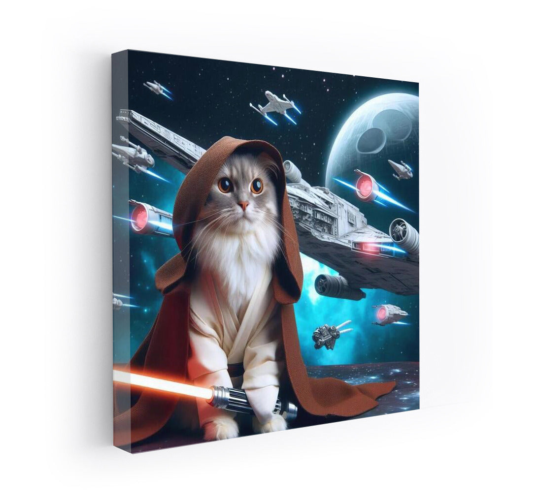 Space Cat Jedi With Laser Sword On Starship Background: Star Wars Style For Fans