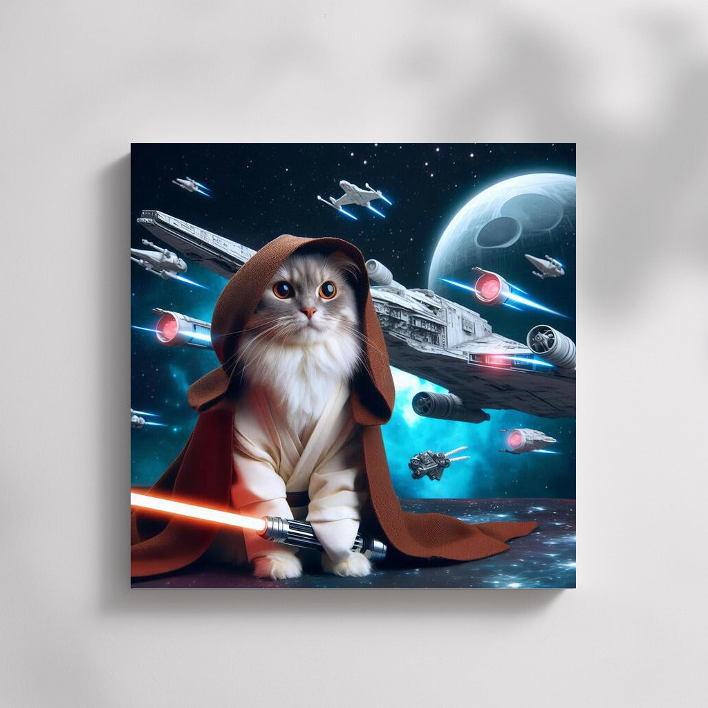 Space Cat Jedi With Laser Sword On Starship Background: Star Wars Style For Fans