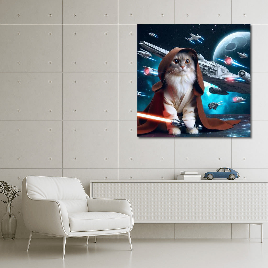 Space Cat Jedi With Laser Sword On Starship Background: Star Wars Style For Fans