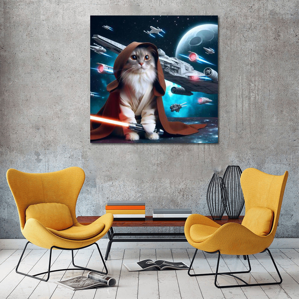 Space Cat Jedi With Laser Sword On Starship Background: Star Wars Style For Fans