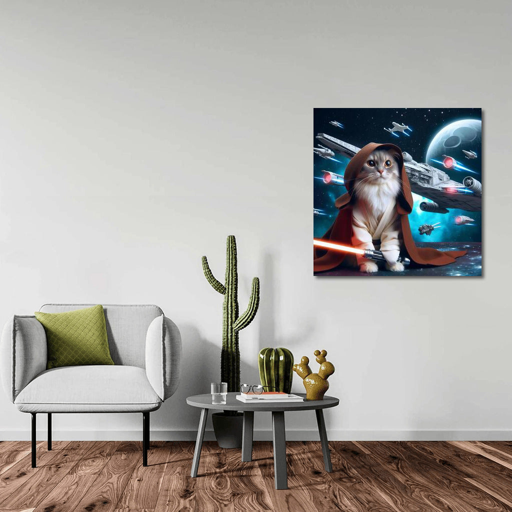 Space Cat Jedi With Laser Sword On Starship Background: Star Wars Style For Fans