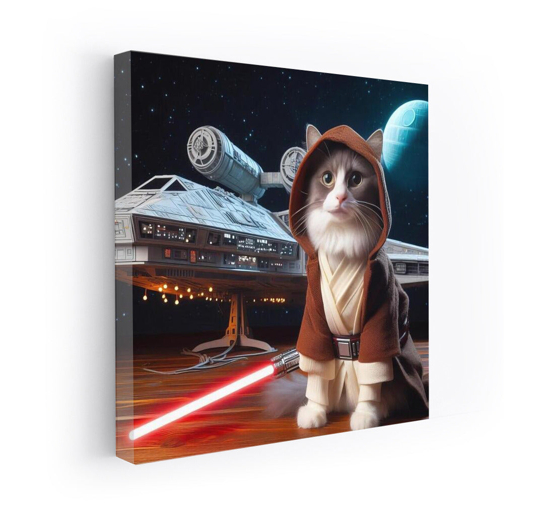 Jedi Cat with Laser Sword on Star Wars Style Spaceship Background
