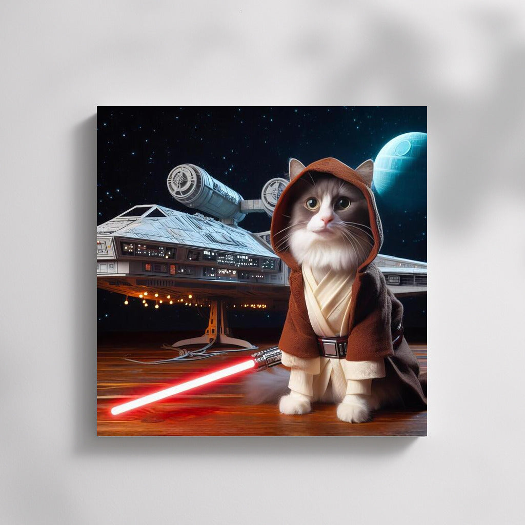 Jedi Cat with Laser Sword on Star Wars Style Spaceship Background