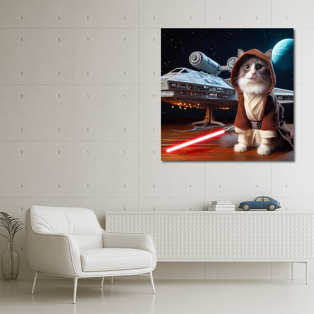 Jedi Cat with Laser Sword on Star Wars Style Spaceship Background