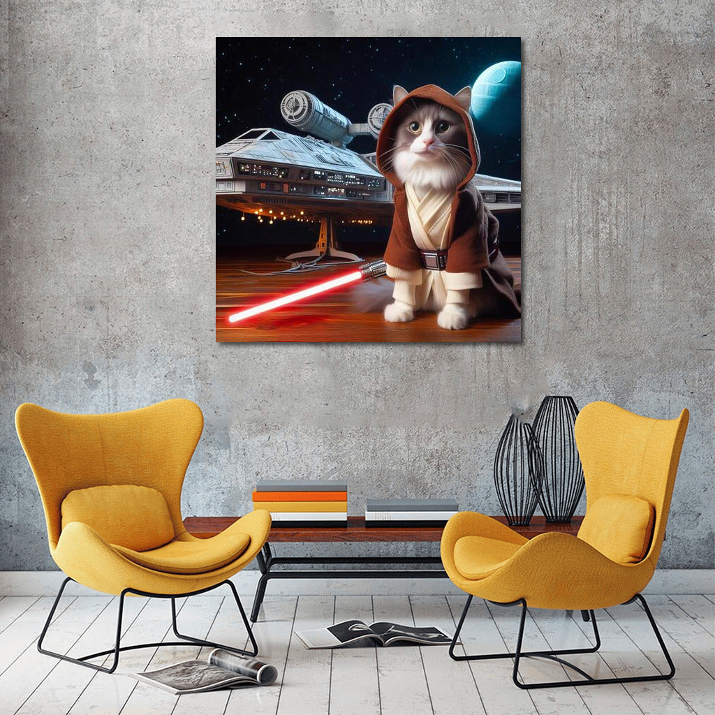 Jedi Cat with Laser Sword on Star Wars Style Spaceship Background