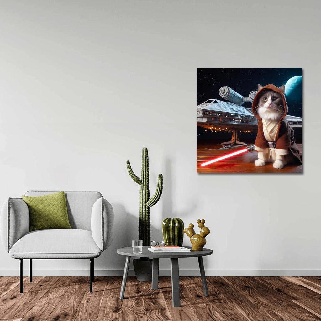 Jedi Cat with Laser Sword on Star Wars Style Spaceship Background